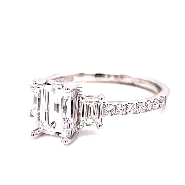 14 Karat White Gold Three-Stone Emerald Cut Engagement Ring with Diamond Shank Image 2 Corinth Jewelers Corinth, MS