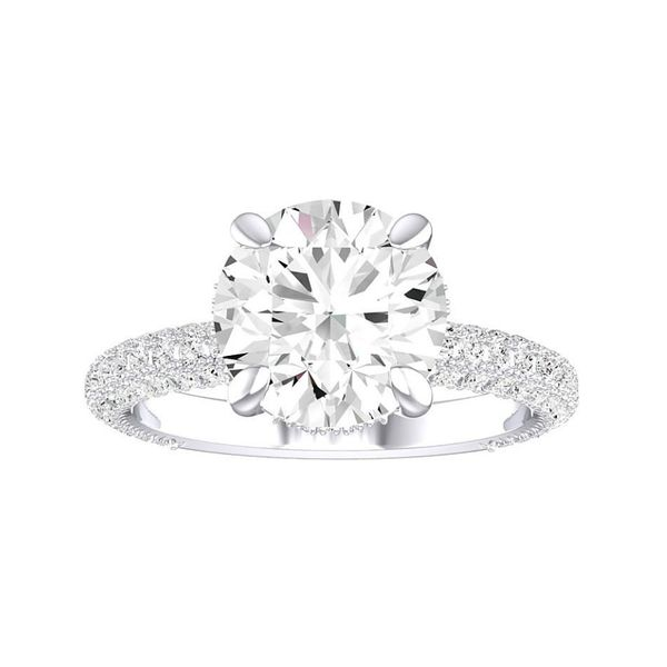 14 Karat White Gold 4-Prong Round with Hidden Diamond Halo and Pave Diamond Shank Solitaire Engagement Ring Corinth Jewelers Corinth, MS
