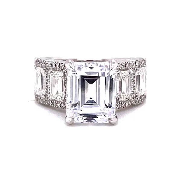 14 Karat White Gold Emerald Cut Center Stone with 4 Emerald Cut Diamonds with Halo on Shank Solitaire Engagement Ring Corinth Jewelers Corinth, MS