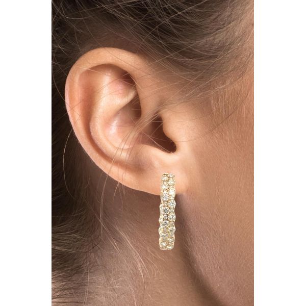 14 Karat Yellow Gold Round Shape Double Row Diamond Hoop Earrings - 3.40 ctw Image 3 Corinth Jewelers Corinth, MS