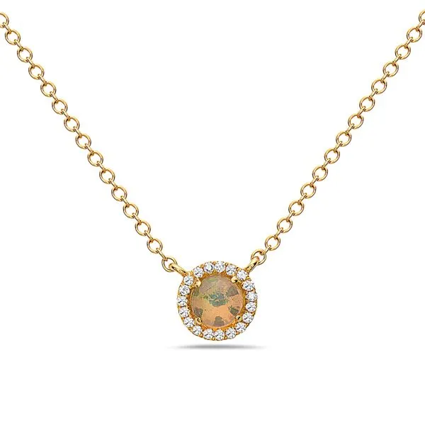 14 Karat Yellow Gold Petite Oval Cut Opal Necklace with Diamond Halo Corinth Jewelers Corinth, MS