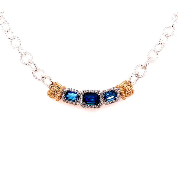 14 Karat Yellow Gold and Sterling Silver Triple Emerald Cut London Blue Topaz with Diamond Halo Necklace Corinth Jewelers Corinth, MS