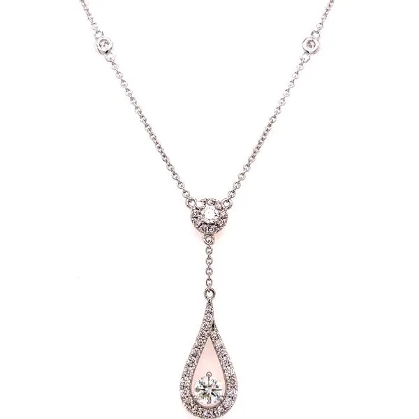 14 Karat White Gold Round Center with Pear Shape Diamond Halo Drop and Bezel Set Diamond Accent Necklace Corinth Jewelers Corinth, MS