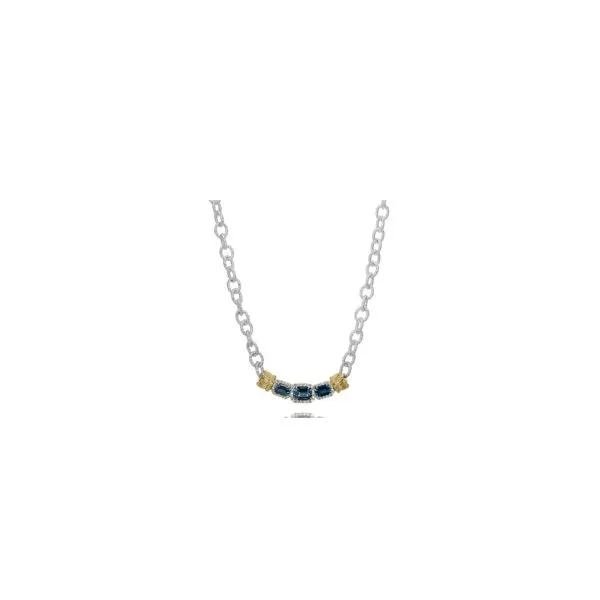14 Karat Yellow Gold and Sterling Silver Triple Emerald Cut London Blue Topaz with Diamond Halo Necklace Corinth Jewelers Corinth, MS