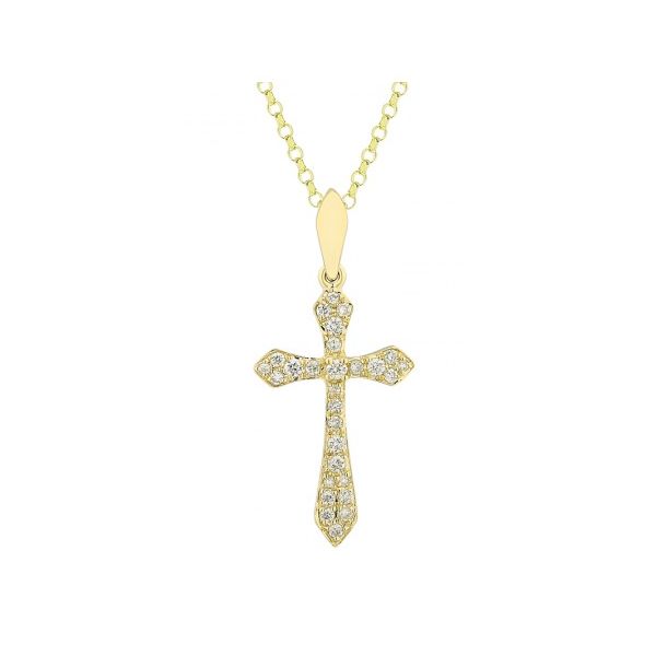 14 Karat Yellow Gold Round Diamond Cross with Scalloped Edges Necklace - 0.14ctw / 16-18