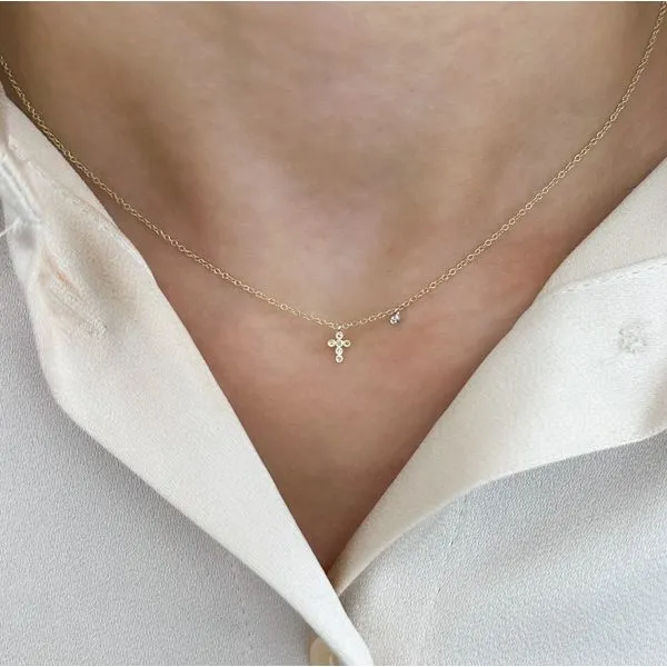14 Karat Yellow and White Gold Petite Round Shape Diamond Cross with Single Bezel Diamond Accent Fashion Necklace - 16/18