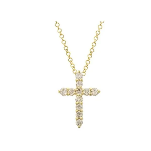 14 Karat Yellow Gold Medium Size Round Diamond Cross Necklace - 0.25 ctw / 16-18