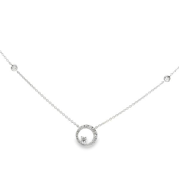 14 Karat White Gold Round Diamond Circle with Single Round Diamond Accent and Double Round Diamond Bezel Accent Necklace - 0.35 cttw / 16-18