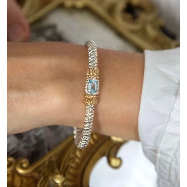 14 Karat Yellow Gold and Sterling Silver Emerald Cut Sky Blue Topaz and Diamond Bar Vahan Bracelet Image 2 Corinth Jewelers Corinth, MS