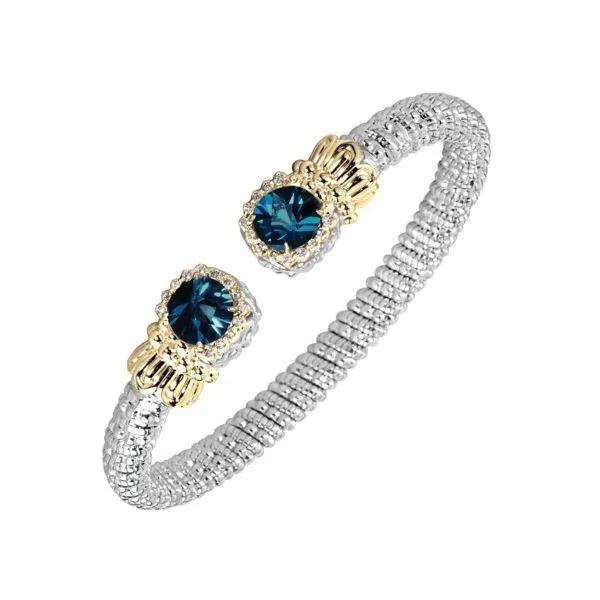 14 Karat Yellow Gold and Sterling Silver 6mm Round London Blue Topaz with Diamond Halo Cuff Vahan Bracelet Corinth Jewelers Corinth, MS