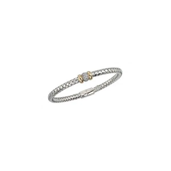 18 Karat Yellow Gold and Sterling Silver Weaved Bracelet with Hinged Clasp and Double Gold Rondell with Diamond Accent Corinth Jewelers Corinth, MS