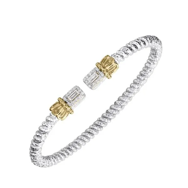 14 Karat Yellow Gold and Sterling Silver Baguette Diamond Tips with Halo Cuff 3mm Vahan Bracelet - 0.37 dwt Corinth Jewelers Corinth, MS
