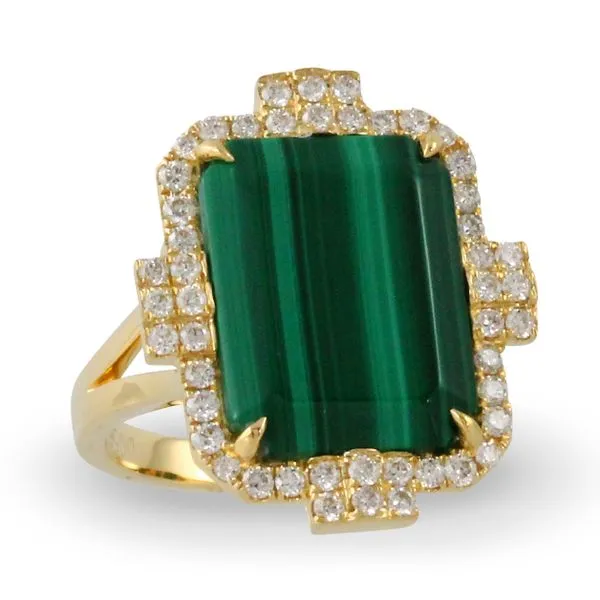 18 Karat Yellow Gold Large Malachite Ring with Geometric Diamond Halo Corinth Jewelers Corinth, MS