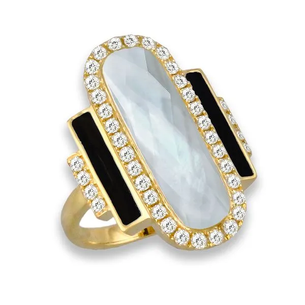 18 Karat Yellow Gold Elongated Oval and Rectangle 3-Stone Mother of Pearl and Black Onyx with Clear Quartz Overlay Diamond Fashi Corinth Jewelers Corinth, MS