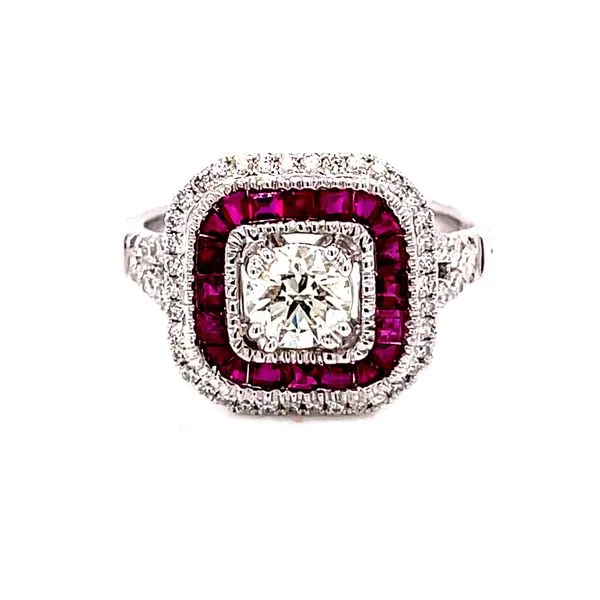 14 Karat White Gold Round Center Stone with Square Cut Genuine Ruby and Diamond Halo with Split Shank Fashion Ring Corinth Jewelers Corinth, MS