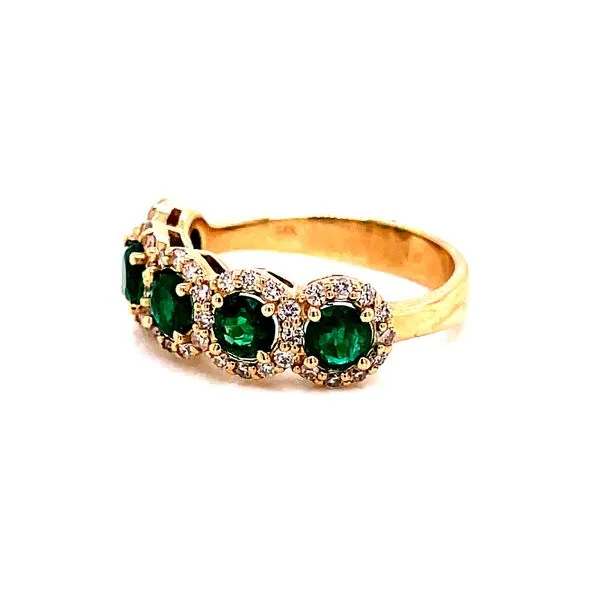 14 Karat Yellow Gold 5-Stone Oval Cut Emeralds with Diamond Halo Band Image 2 Corinth Jewelers Corinth, MS