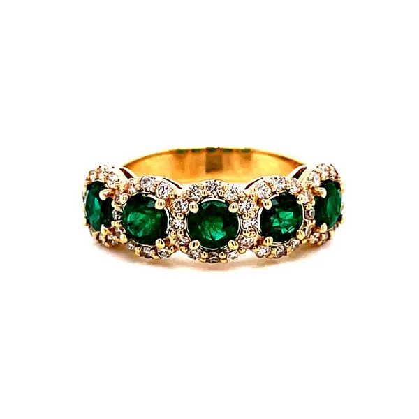 14 Karat Yellow Gold 5-Stone Oval Cut Emeralds with Diamond Halo Band Corinth Jewelers Corinth, MS