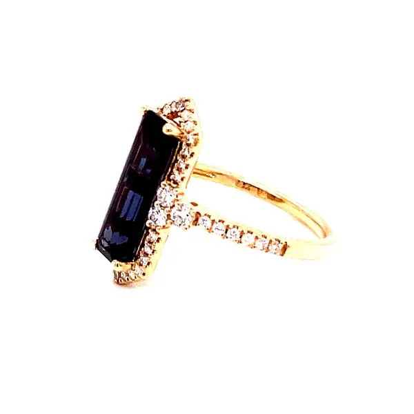 14 Karat Yellow Gold Elongated Created Alexandrite with Diamond Halo and Shank Fashion Ring Image 2 Corinth Jewelers Corinth, MS