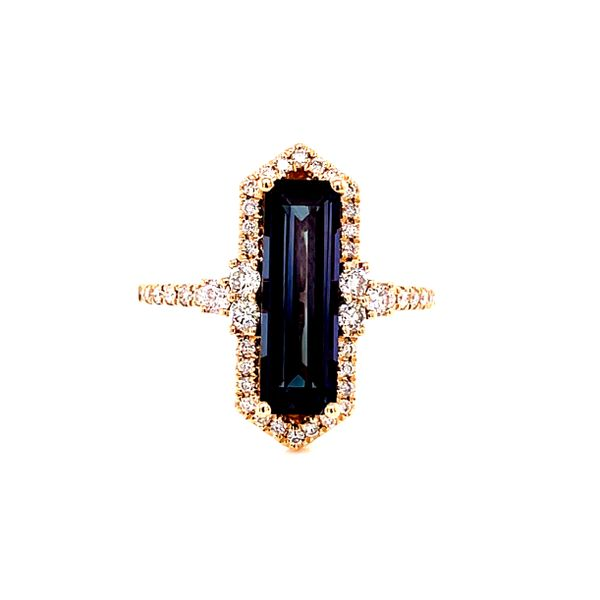 14 Karat Yellow Gold Elongated Created Alexandrite with Diamond Halo and Shank Fashion Ring Corinth Jewelers Corinth, MS