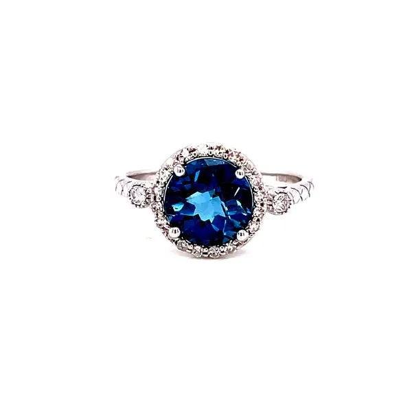 14 Karat White Gold Round Cut Genuine Bloe London Topaz with a Diamond Halo Fashion Ring Corinth Jewelers Corinth, MS