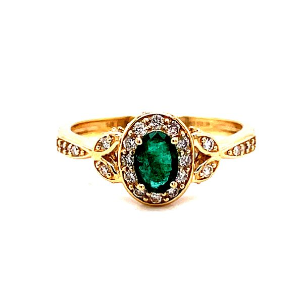 14 Karat Yellow Gold Oval Cut Genuine Emerald with Diamond Halo and Split Shank Fashion Ring Corinth Jewelers Corinth, MS