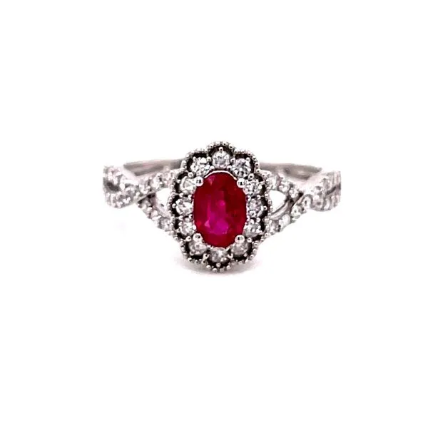 14 Karat White Gold Oval Cut Ruby with Diamond Halo and Infinity Diamond Shank Fashion Ring Corinth Jewelers Corinth, MS