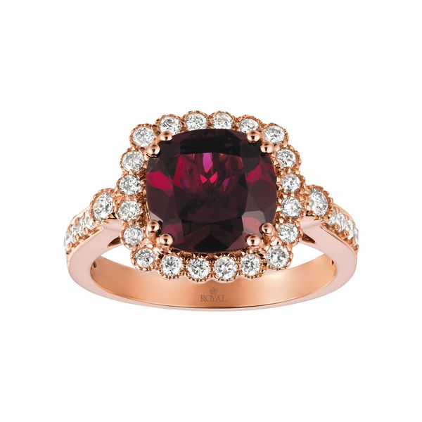 14 Karat Rose Gold Cushion Cut Rhodolite Center Stone with Round Diamond Halo Gemstone Ring Corinth Jewelers Corinth, MS
