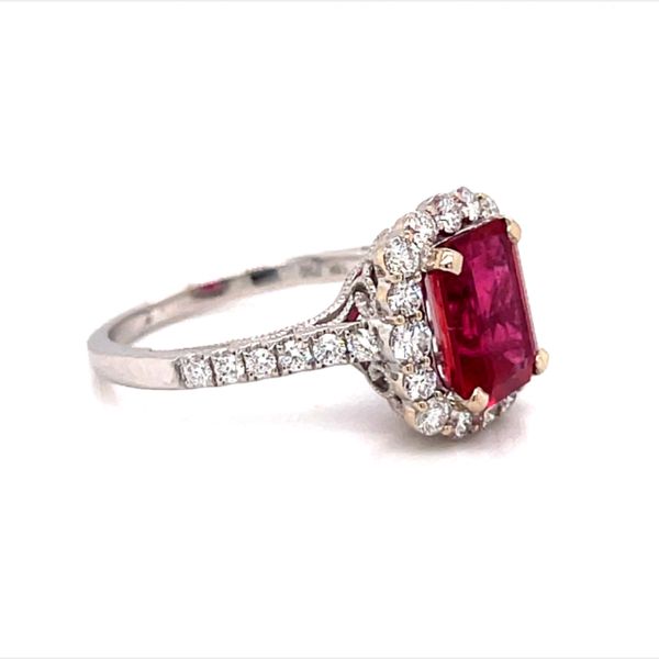 18 Karat White Gold Emerald Cut Pink Tourmaline with Round Diamond Halo and Milgrain Accent Fashion Ring Image 2 Corinth Jewelers Corinth, MS