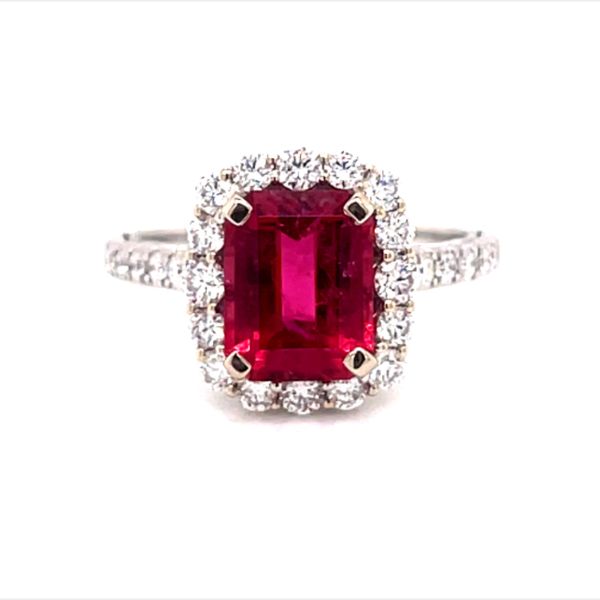 18 Karat White Gold Emerald Cut Pink Tourmaline with Round Diamond Halo and Milgrain Accent Fashion Ring Corinth Jewelers Corinth, MS