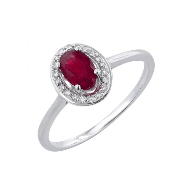 14 Karat White Gold Oval Cut Ruby with Diamond Halo Fashion Ring Corinth Jewelers Corinth, MS