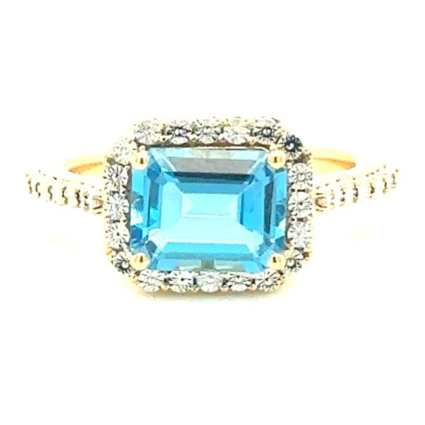 14 Karat Yellow Gold East to West Emerald Cut Blue Topaz with Miracle Head Halo Fashion Ring Corinth Jewelers Corinth, MS