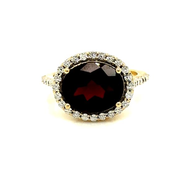 14 Karat Yellow Gold East to West Oval Cut Garnet with Miracle Head Halo Fashion Ring Corinth Jewelers Corinth, MS