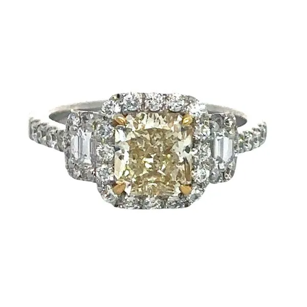 18 Karat White Gold 1.74 ct Radiant Shape Fancy Yellow Diamond with Baguette Side Stones and Diamond Halo Ring Corinth Jewelers Corinth, MS