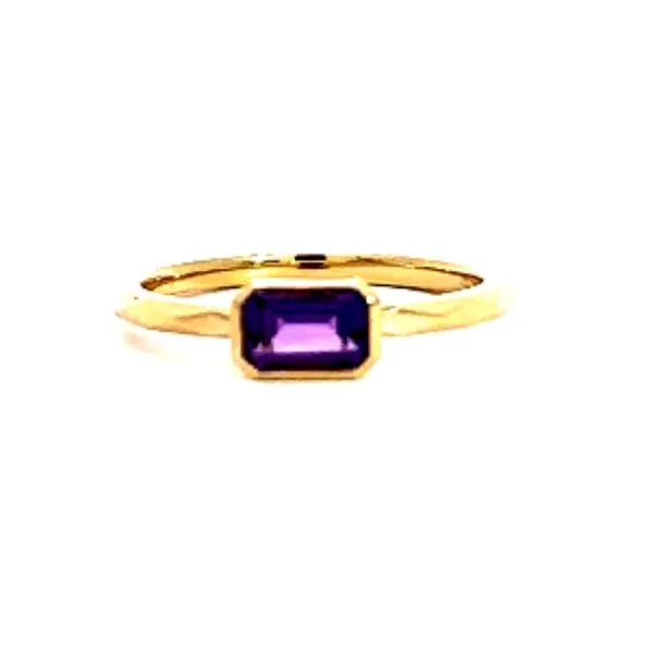 14 Karat Yellow Gold 0.71 ct Emerald Shape Amethyst East to West Bezel Set Fashion Ring with Beveled Polished Shank Corinth Jewelers Corinth, MS