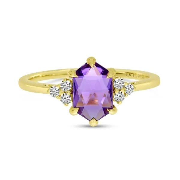 14 Karat Yellow Gold 1.09 ct Hexagon Shape Amethyst with Round Shape Diamond Trio Side Stones Fashion Ring - 0.12 dwt Corinth Jewelers Corinth, MS