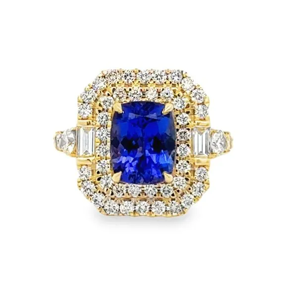 14 Karat Yellow Gold Cushion Shape Tanzanite with Round Diamond Halo and Baguette Diamond Accent Ring - 1.25 dwt Corinth Jewelers Corinth, MS