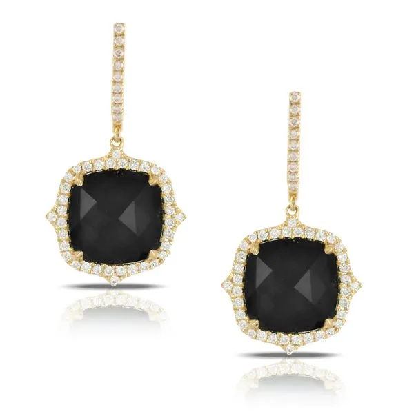 18 Karat Yellow Gold Cushion Cut Black Onyx Center Stone with Diamond Halo Dangle Earrings Corinth Jewelers Corinth, MS