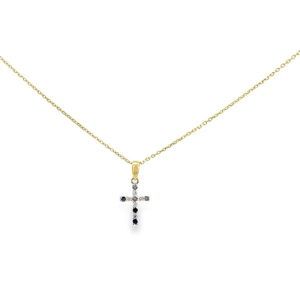 14 Karat Yellow Gold Sapphire and Diamond Cross Necklace - 0.05 dwt / 0.07 ct sapphire Corinth Jewelers Corinth, MS