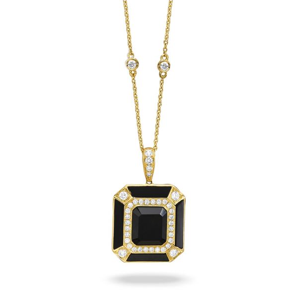 18 Karat Yellow Gold Square Cut Black Onyx and Diamond Vintage Style Necklace Corinth Jewelers Corinth, MS