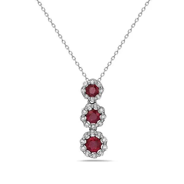 14 Karat White Gold 3-Stone Ruby with Diamond Halo Fashion Necklace Corinth Jewelers Corinth, MS