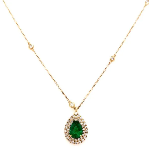 14 Karat Yellow Gold Pear Cut Emerald with Double Diamond Halo and Diamond Accent Necklace Corinth Jewelers Corinth, MS
