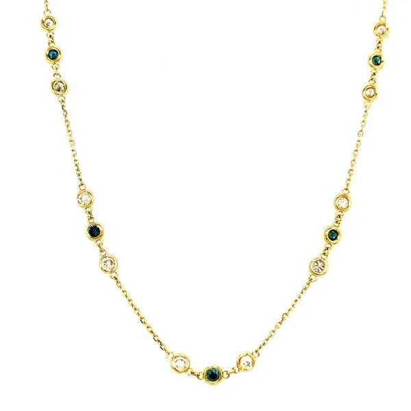 14 Karat Yellow Gold Round Bezel Set White and Blue Diamonds by the Yard Necklace - 18