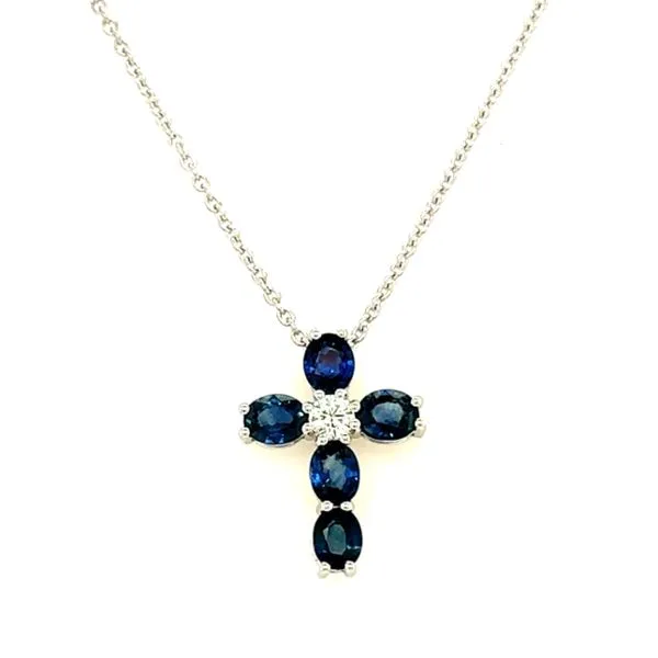 14 Karat White Gold Oval Cut Blue Sapphire and Round Diamond Accent Cross Necklace -18