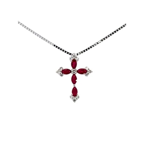 18 Karat White Gold Marquise Shape Ruby with Round Shape Diamond Cross Necklace - 0.16 dwt Corinth Jewelers Corinth, MS