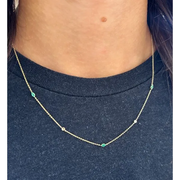 14 Karat Yellow Gold Marquise Shape Emerald and Round Bezel Set Diamond Station Necklace - 0.35 dwt Corinth Jewelers Corinth, MS