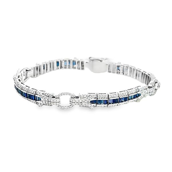 14 Karat White Gold Baguette Shape Blue Sapphire and Round Shape Diamond Art Deco Line Bracelet - 5.50 ctw Image 2 Corinth Jewelers Corinth, MS