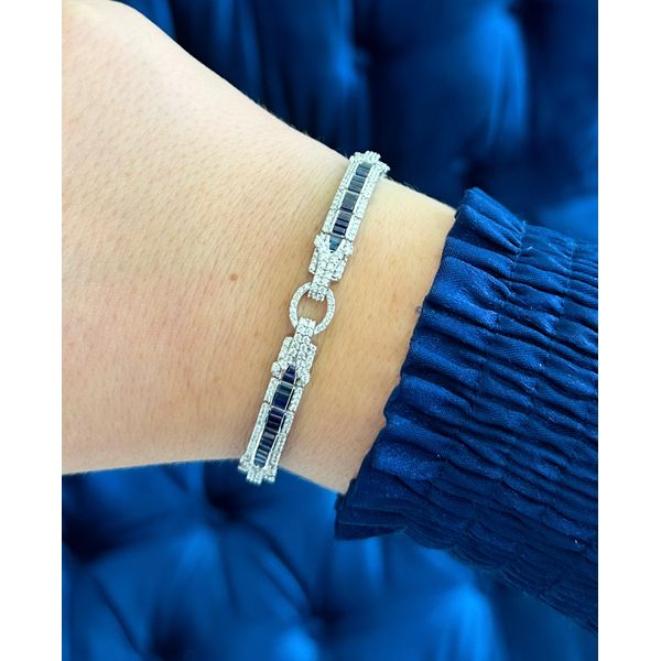 14 Karat White Gold Baguette Shape Blue Sapphire and Round Shape Diamond Art Deco Line Bracelet - 5.50 ctw Corinth Jewelers Corinth, MS