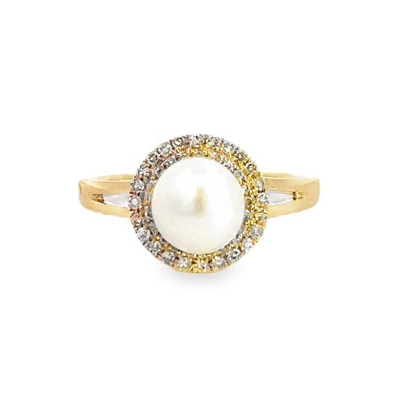 14 Karat Yellow Gold Round Shape Pearl Center with Double Diamond Halo and Split Shank - 0.21 dwt Corinth Jewelers Corinth, MS