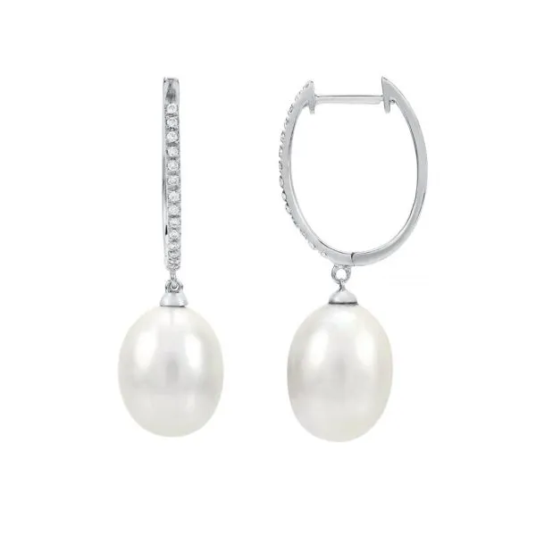 14 Karat White Gold Freshwater Pearl Drop Diamond Hoop Earri