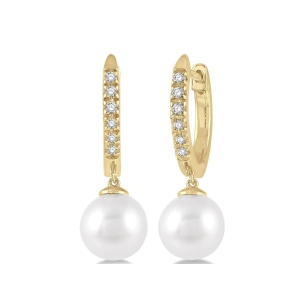 10 Karat Yellow Gold Petite Diamond Huggies with 6mm Pearl Drop Dangle Earrings - 0.12 dwt Corinth Jewelers Corinth, MS